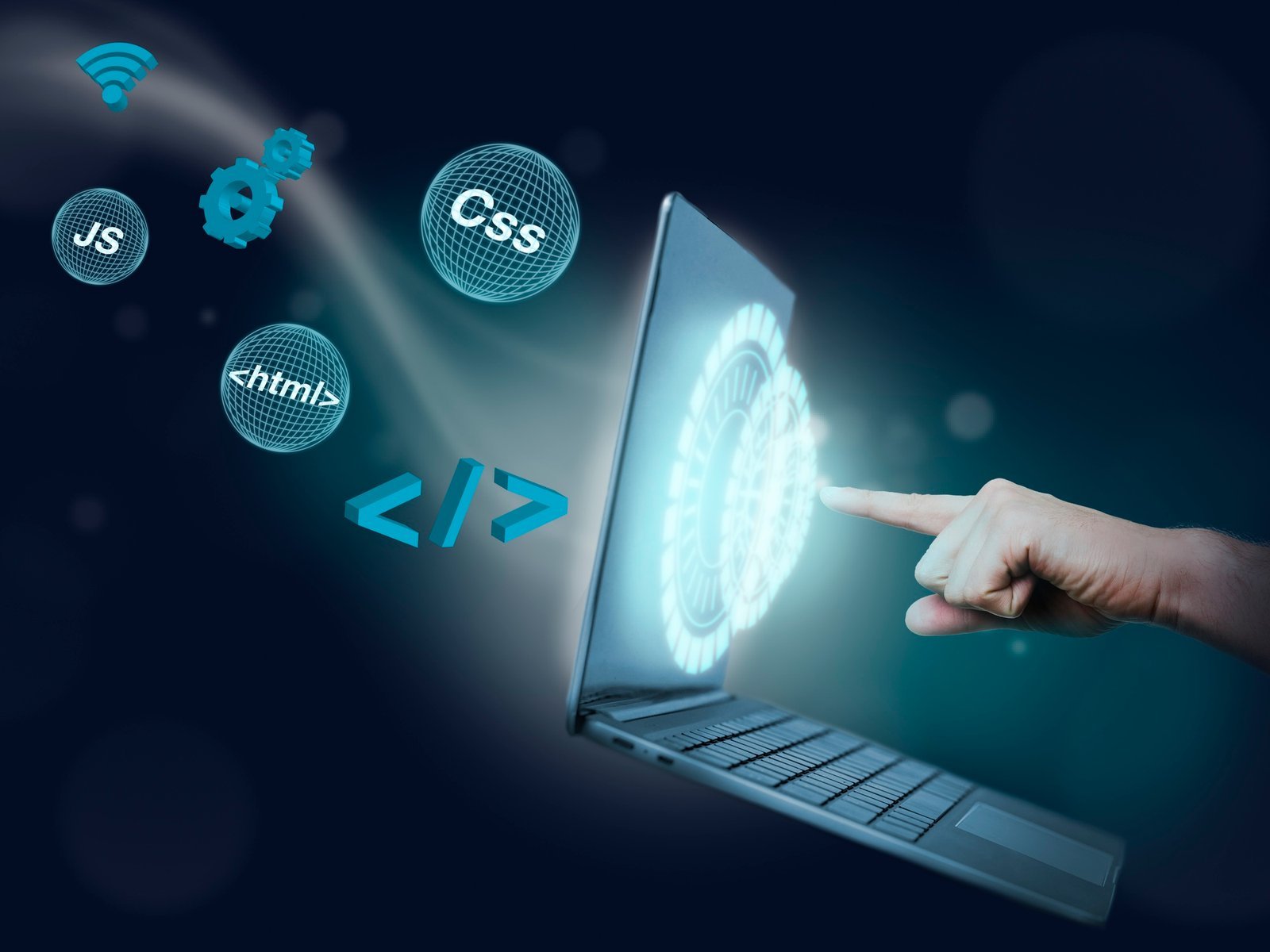 a hand pointing at a laptop screen css, html, js,